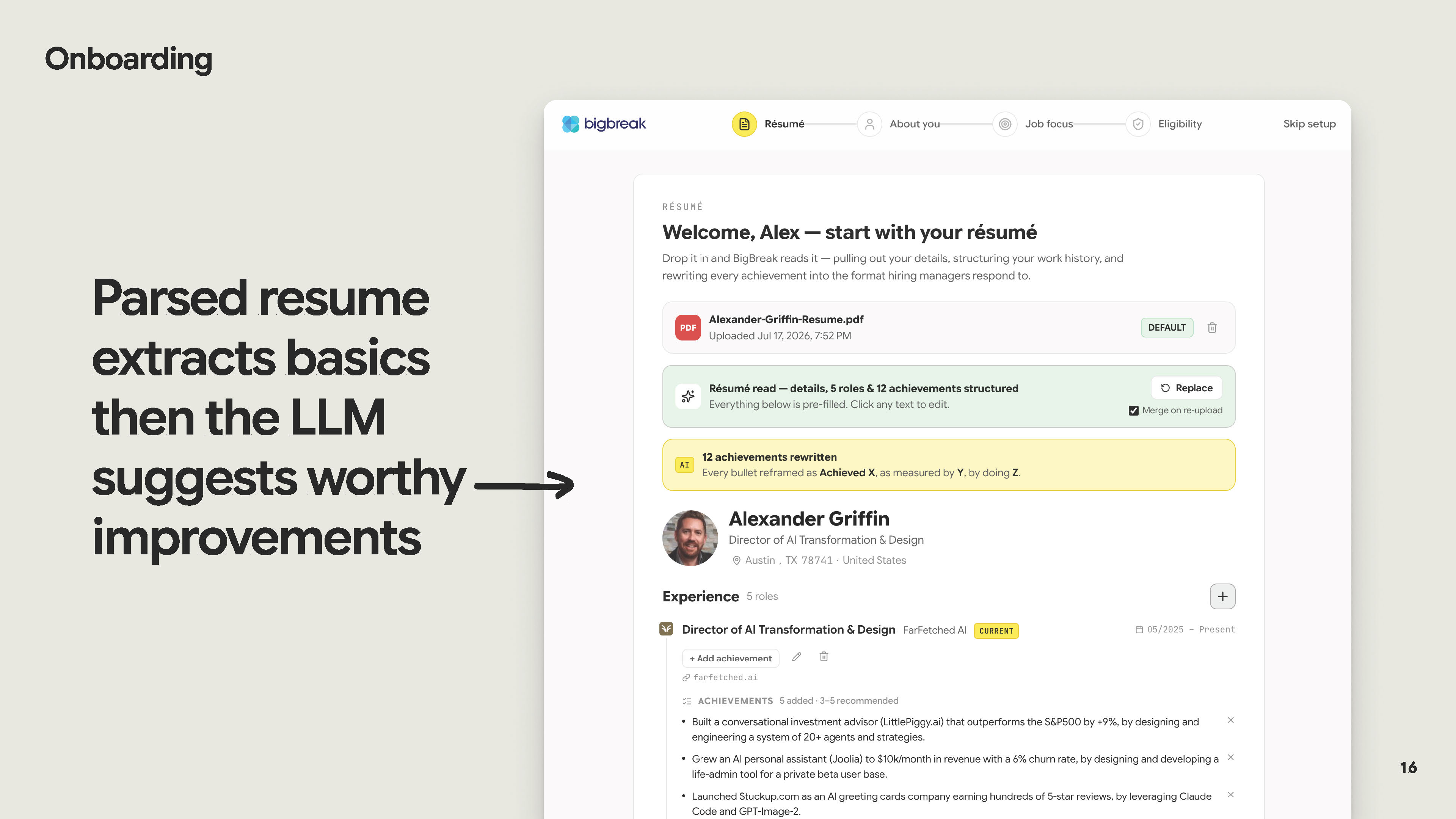 Resume uploads and extracts basic info while the AI improves it
