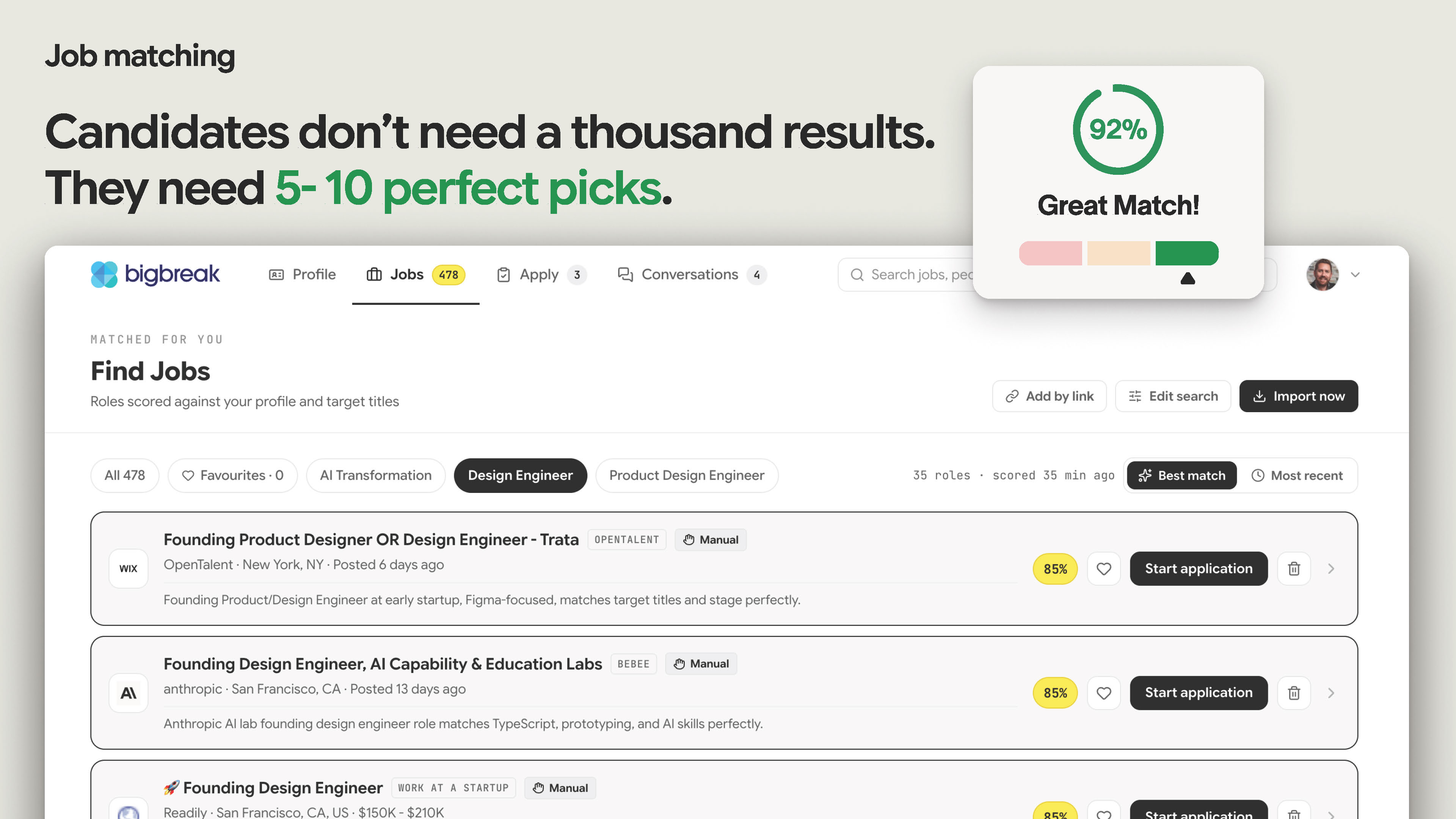 Curated job matches, scored by our LLM